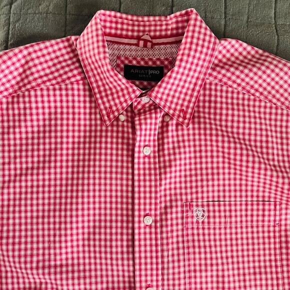 ariat pro series men’s large red white plaid button down long sleeve shirt - Picture 10 of 11